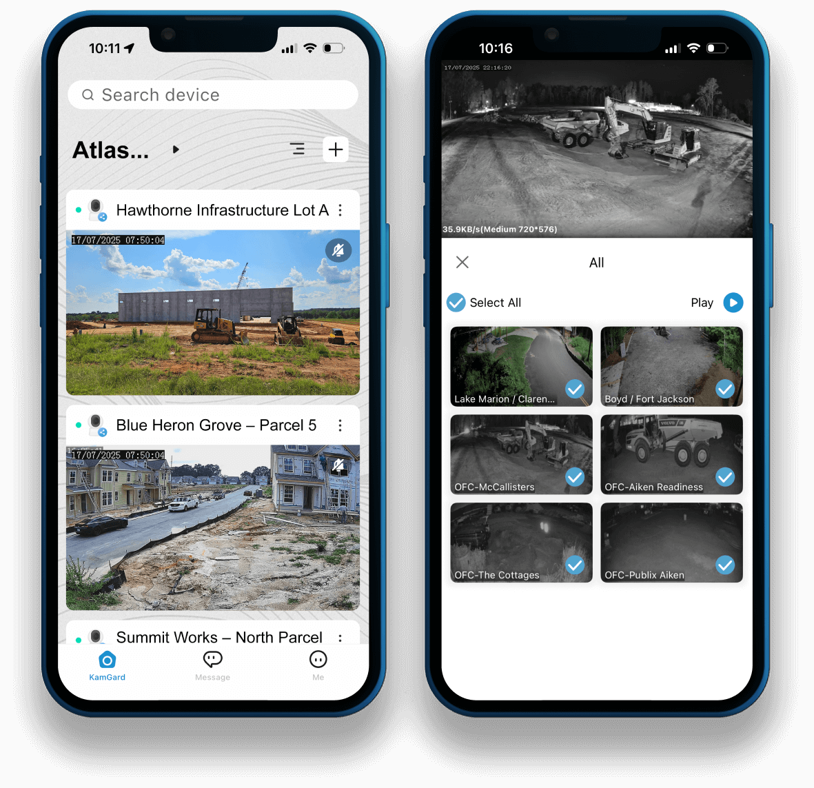 KamGard mobile app showing live jobsite camera feeds on iPhone